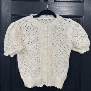 Women’s CROPPED POINTELLE BUTTON DOWN SWEATER CARDIGAN Size S